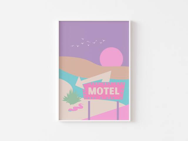 Pop Pastel Motel Sign Desert Print - Danish Print, Pink Cute Desert, Usa Poster, Preppy Bohemian Landscape, Funky Art - image 1