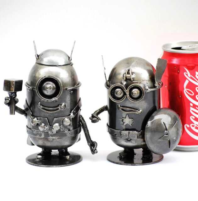 Handmade Metal Mini Robot Sculpture, Recycled Steel Art Figure, Funny Valentine Gift, Holiday Ornament - image 1