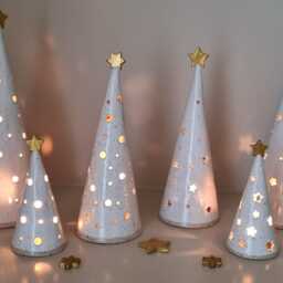 Handmade Ceramic Christmas Tree Lantern Speckled Clay Holiday Decor - thumbnail 3