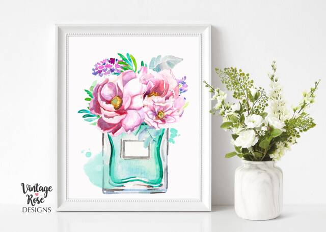 Perfume Bottle Print, Blue Art, Bedroom Decor, Watercolour Glamour Beauty Gift For Her, Feminine Art