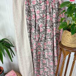 Kantha Stitch Pure Cotton Reversible Bed/Sofa Throw King Size Handmade Handprint Floral Dohar - Grey Pink White Rustic Country Stripe - thumbnail 2