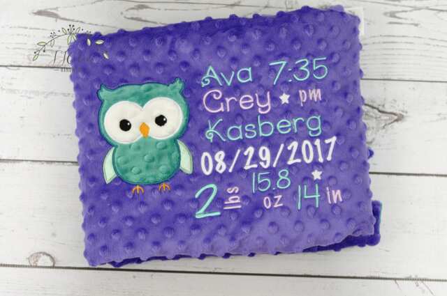 Personalized Baby Blanket Owl-Birth Stat Owl-Personalized Minky Blanket-Owl Blanket-Monogrammed Blanket Boy Girl - image 1