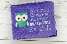 Personalized Baby Blanket Owl-Birth Stat Owl-Personalized Minky Blanket-Owl Blanket-Monogrammed Blanket Boy Girl - thumbnail 1