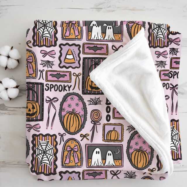 Halloween - Frames Pink, Sherpa Fleece Blanket, Decor, Kids Bedding, Purple, Children's Room, Ghost, Pumpkins, Blanket - image 1
