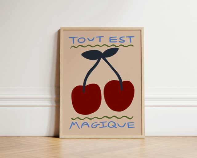 Magic Cherries Print, Toddler Room Cherry Illustration Wall Art, Nursery Eclectic Nursery, Kids Room, Play Unframed - image 1