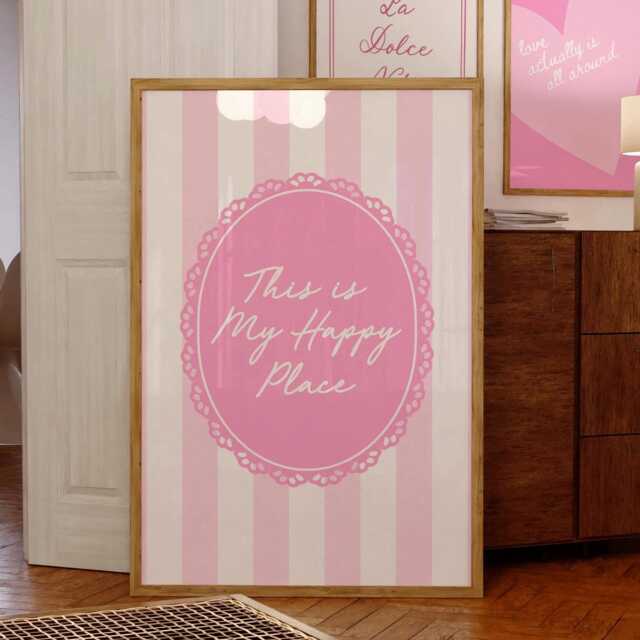 This Is My Happy Place, Pink Striped Wall Art, Kitchen Print, Girly Stripey Trendy Aesthetic Home Decor, Cute Positive Quote Gift - image 1