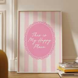 This Is My Happy Place, Pink Striped Wall Art, Kitchen Print, Girly Stripey Trendy Aesthetic Home Decor, Cute Positive Quote Gift - thumbnail 3