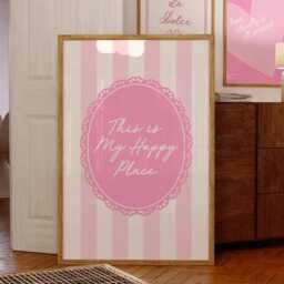 This Is My Happy Place, Pink Striped Wall Art, Kitchen Print, Girly Stripey Trendy Aesthetic Home Decor, Cute Positive Quote Gift - thumbnail 1