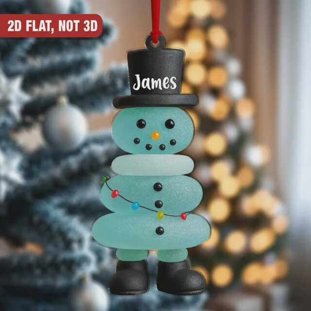 Sea Glass Snowman Ornament Custom Name 2D Flat Coastal Christmas Tree Decoration - image 1