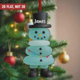 Sea Glass Snowman Ornament Custom Name 2D Flat Coastal Christmas Tree Decoration - thumbnail 2