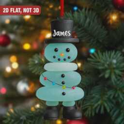 Sea Glass Snowman Ornament Custom Name 2D Flat Coastal Christmas Tree Decoration - thumbnail 3