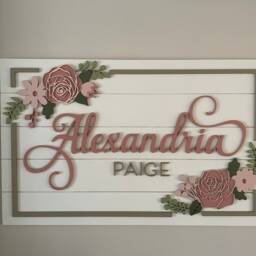 Custom Floral Rectangle Wood Name Sign Layered Roses & Daisy Baby Nursery Wall Decor Pink Sage Green White - thumbnail 3
