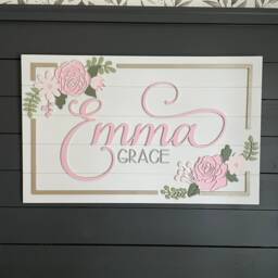 Custom Floral Rectangle Wood Name Sign Layered Roses & Daisy Baby Nursery Wall Decor Pink Sage Green White - thumbnail 2