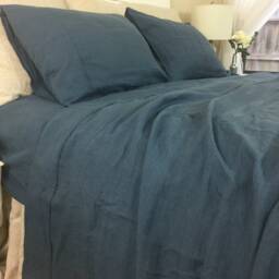 Navy Linen Bed Sheets Set, Yarn Dyed Dark Blue , For Twin, Full, Queen, King, California King, Split King Or Custom Size - thumbnail 3