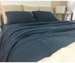 Navy Linen Bed Sheets Set, Yarn Dyed Dark Blue , For Twin, Full, Queen, King, California King, Split King Or Custom Size