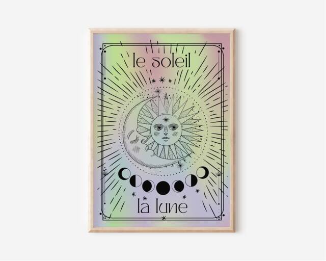 Le Soleil La Lune Print 03 - The Sun Moon, Tarot Card Style, Pastel Gradient, On Trend Y2K, Retro Celestial Psychedelic, Mystical Poster - image 1