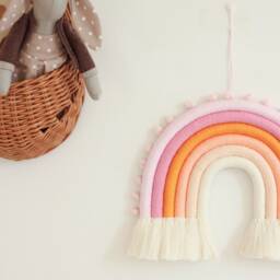 Macrame Rainbow Wall Hanging Girl Nursery Decor With Pompoms - thumbnail 2