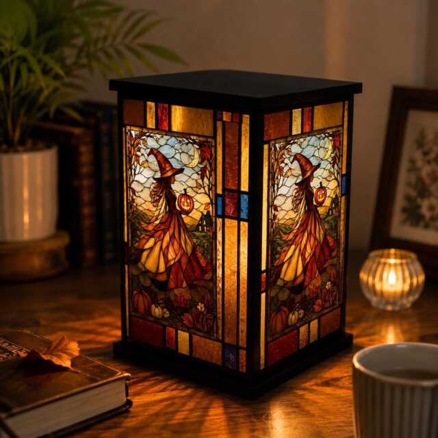 Faux Stained Glass Resin Witch Lantern Lamp, Halloween Pumpkin Night Light, Autumn Table Decor, Spooky Home Gift - image 1