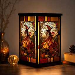 Faux Stained Glass Resin Witch Lantern Lamp, Halloween Pumpkin Night Light, Autumn Table Decor, Spooky Home Gift - thumbnail 4