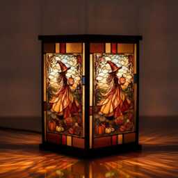 Faux Stained Glass Resin Witch Lantern Lamp, Halloween Pumpkin Night Light, Autumn Table Decor, Spooky Home Gift - thumbnail 3