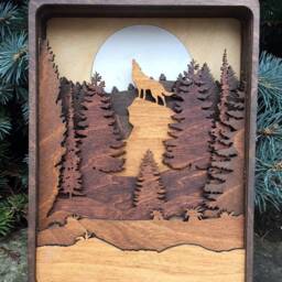 Rustic Wolf Howl Wood Art - Autumn Forest Layered Landscape, Handmade Cabin Wall Decor - thumbnail 2