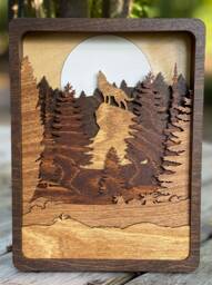Rustic Wolf Howl Wood Art - Autumn Forest Layered Landscape, Handmade Cabin Wall Decor