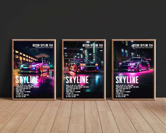 Nissan Skyline R34 Neon Car Print Jdm Sports Art, Framed Option - image 1