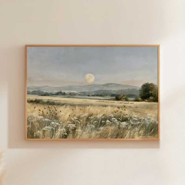 Moon Meadow Poster, Wildflower Landscape Print, Nature Wall Art, Paper - image 1