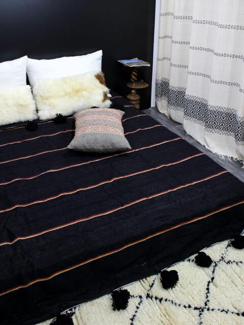 Moroccan Blanket With Pompom Loomed By Hand, Moroccan Throw, Bohemian Blanket, Berber Wool Handmade Bedspread - image 1