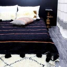 Moroccan Blanket With Pompom Loomed By Hand, Moroccan Throw, Bohemian Blanket, Berber Wool Handmade Bedspread - thumbnail 2