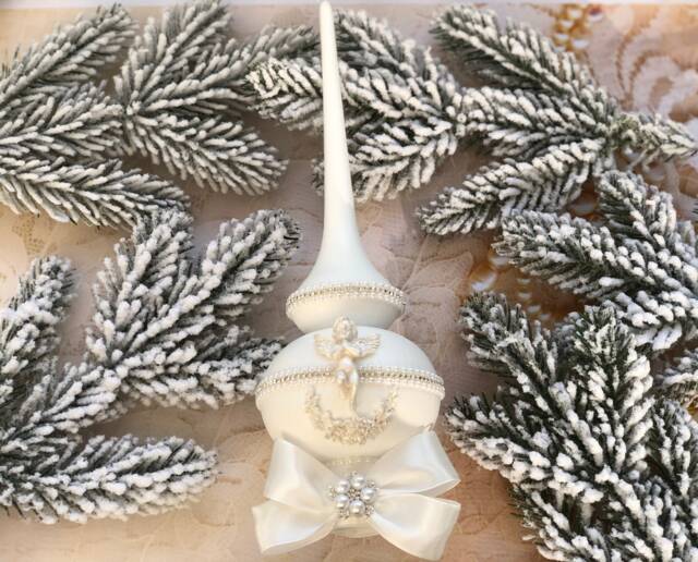 White Christmas Tree Topper With Rhinestones Spire Finial Tree Accent ...