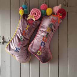 Personalized Velvet Christmas Stocking, Embroidered Name, Pom Decor - thumbnail 2