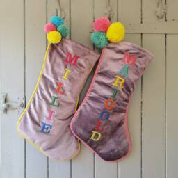 Personalized Velvet Christmas Stocking, Embroidered Name, Pom Decor - thumbnail 3