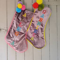 Personalized Velvet Christmas Stocking, Embroidered Name, Pom Decor - thumbnail 4