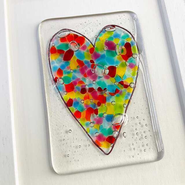 Framed Fused Glass Rainbow Heart Picture Made in Cornwall By Niko Brown - image 1