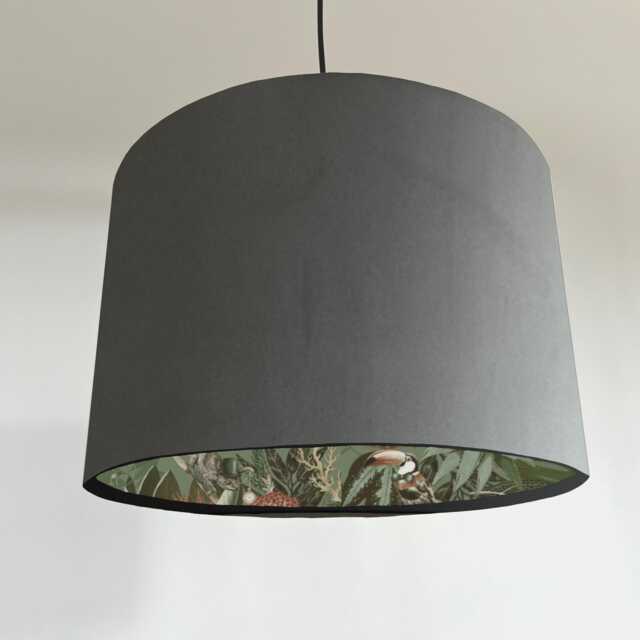 Grey Velvet Wonderland Drum Lampshade, Double Sided Lampshade With Sage Paper On Interior - image 1