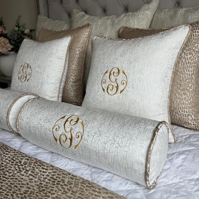 "Luxury Personalised Cushion Pillow For Bed, Embroidered Initial Piped 16""/Bolster 16""x6" - image 1