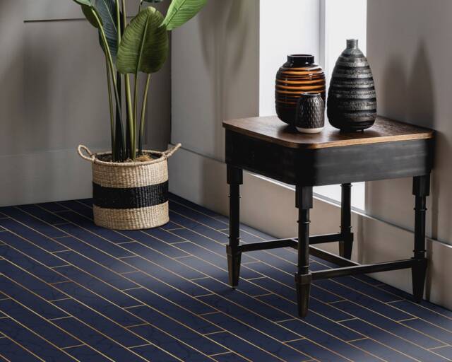 Loft Art Deco Bricks Style Vinyl Flooring, Blue Linoleum in Roll, Gold Luxury Baby Shower Ideas, Area Floor PVC - image 1