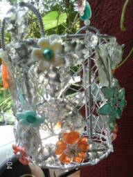 Handmade Beaded Wire Plant Basket, Crystal Flower Sun Catcher - thumbnail 1