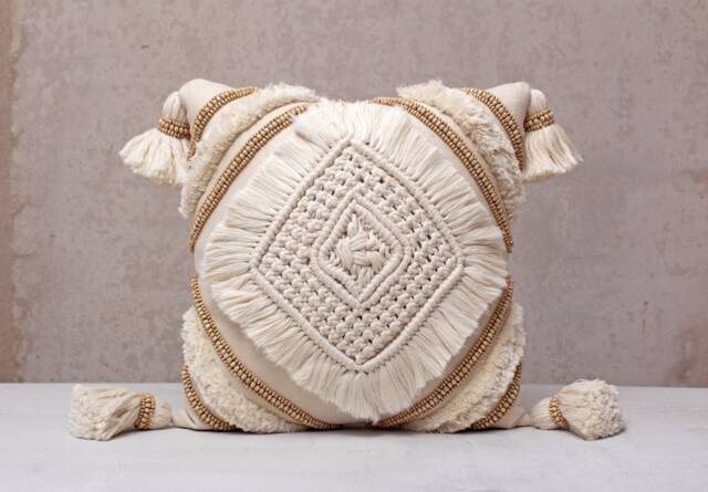 Off-White Cotton Macrame Bohemian, Bali Style Pillow Cover, Decorative Handmade Throw Cover, Embroidered Cover Wlcc031 - image 1