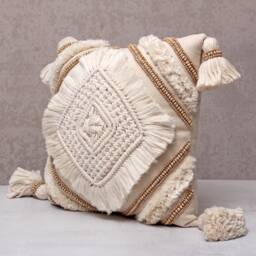 Off-White Cotton Macrame Bohemian, Bali Style Pillow Cover, Decorative Handmade Throw Cover, Embroidered Cover Wlcc031 - thumbnail 2