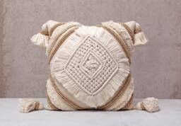 Off-White Cotton Macrame Bohemian, Bali Style Pillow Cover, Decorative Handmade Throw Cover, Embroidered Cover Wlcc031 - thumbnail 1