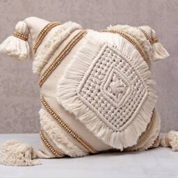 Off-White Cotton Macrame Bohemian, Bali Style Pillow Cover, Decorative Handmade Throw Cover, Embroidered Cover Wlcc031 - thumbnail 3