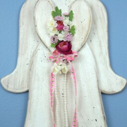 Angel, Distressed Wood Deep Pink Roses With & Lime Green Ribbon Wall Hanging Rustic Angel - thumbnail 3