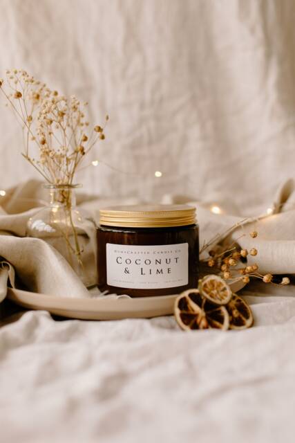 Coconut & Lime Luxury Amber Glass Candle. Soy Wax, Handmade, Vegan, Eco Friendly - image 1