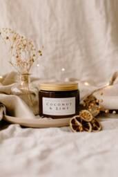 Coconut & Lime Luxury Amber Glass Candle. Soy Wax, Handmade, Vegan, Eco Friendly - thumbnail 1