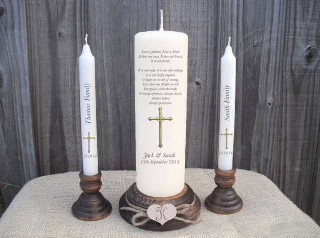 Personalised Unity Candle Set, Verse 1, Corinthians 134-7 Wedding Engagement Centrepiece Gift Keepsake Anniversary Religious Cross & Rings