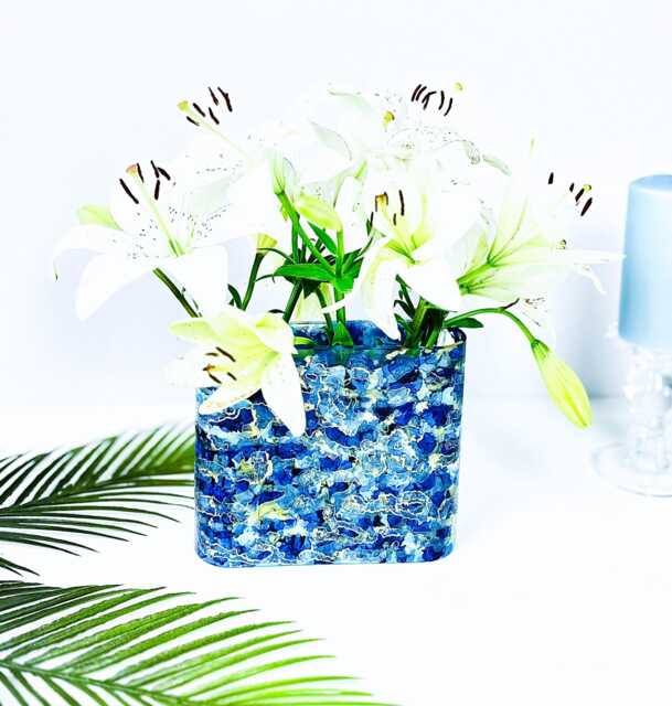 Blue & Gold Hand-Painted Glass Vase, Oval Flower Home D??cor Gift - image 1