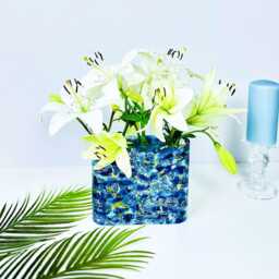 Blue & Gold Hand-Painted Glass Vase, Oval Flower Home D??cor Gift - thumbnail 2