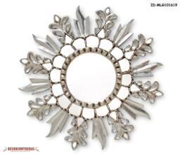 Boho Sunburst Mirror Wall Decor - Hand-Carved Round Peruvian Painted Glass With Silver Leaf Home Accent For Living Room, Bedroom
